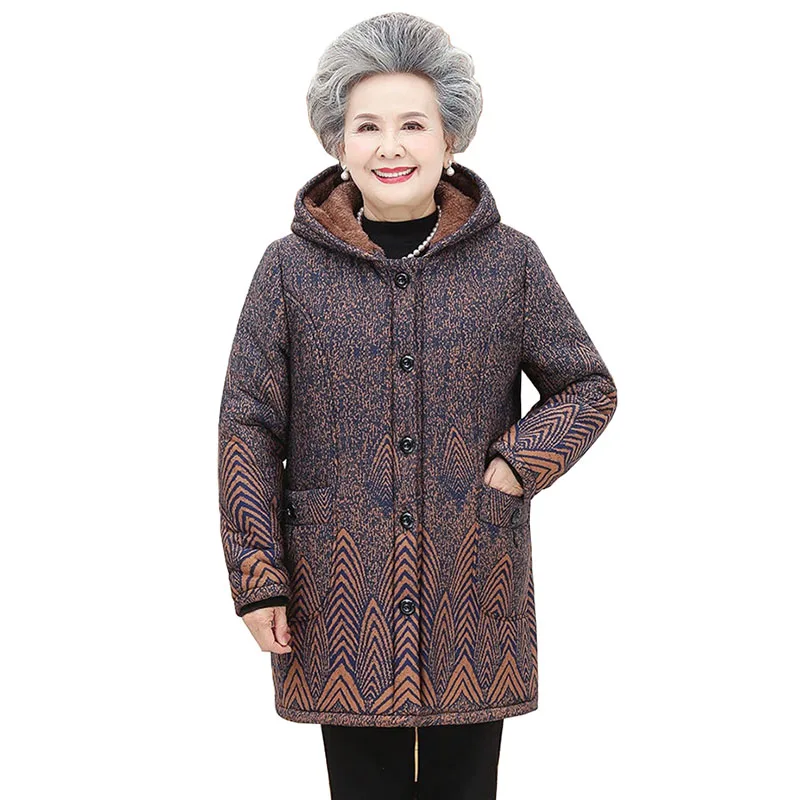 

Winter Coat Middle-aged Women Cotton-padded Jacket Fleece Liner Print Parkas Female Oversize Hooded Overcoat 3-layer Warm Coats