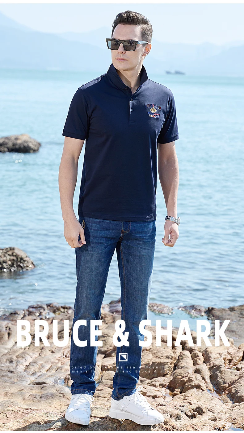 2025 Summer Solid Color Men's Short Polos Bruce&Shark Fashion Embroidery Straight Men's Navy Polo Shirt Thin Cotton Big Size 4XL 15 Sa6c3a9ef86814afebdb4dd4b6a50fea5S