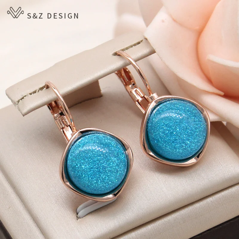 S&Z DESIGN New Fashion Round Colorful Resin Dangle Earrings For Women Fine Jewelry 585 Rose Gold Color Eardrop Daily Accessories