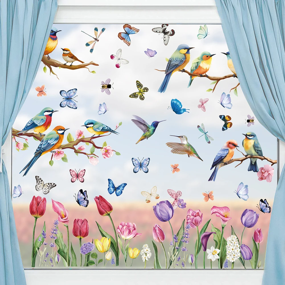 Primavera Estate Finestra Cling Sticker Aula Finestra Clings Tulipano Farfalla Fiore Finestra Decalcomania Finestra Cling Sticker Decorazione