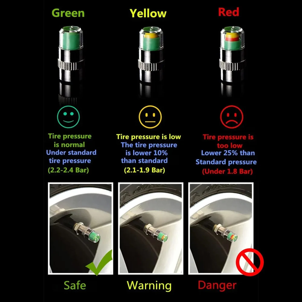2/4pcs Car Tire Pressure Indicator Gauge Alert Monitoring Valve Cap Sensor External Valve Detection