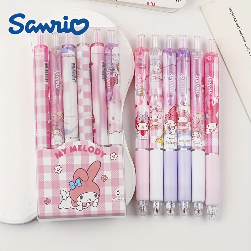 6pcs 귀여운 헬로 키티 산리오 시리즈 클릭 펜, 학생용 절묘한 소프트 그립 브러쉬 펜, 부드러운 팁 젤 잉크 펜, 롤러볼 펜