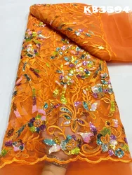 Orange Beaded Lace Fabric Latest Lace Fabric High Quality 2023 Nigerian Black Beaded Lace Fabric For African Wedding Party Dress