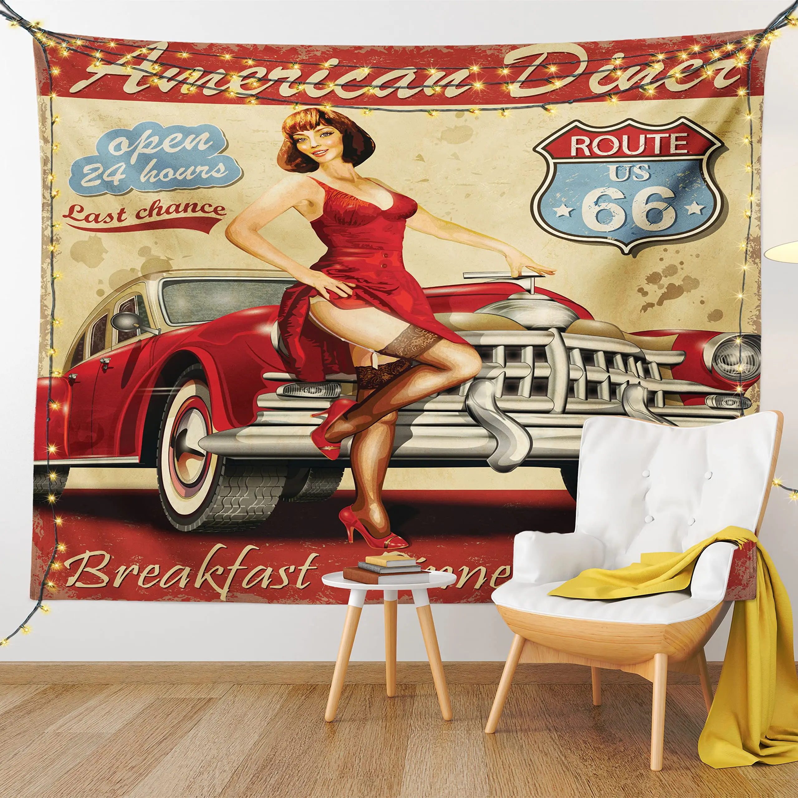 

Route 66 Tapestry Old Fashioned Cars on A Map Road Trip Tapestry American Style Wall Hanging Decor for Bedroom Living Room Dorm