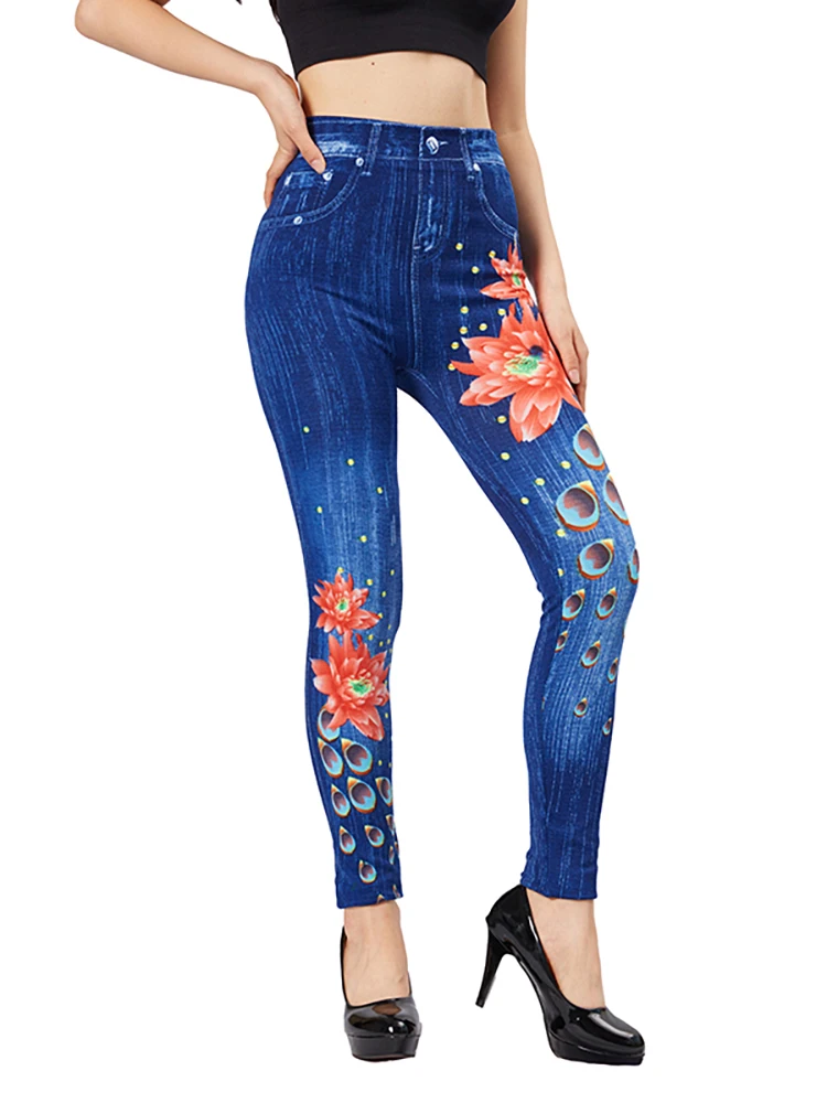 

YSDNCHI Lotus Print Imitation Denim Women Leggings Slim Fit Stretch Fake Jeggings Blue Breathable False Jeans Pencil Pants