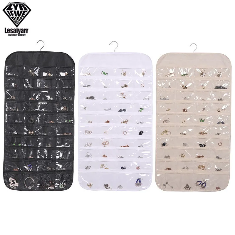 80 Pockets Double Sided Hanging Jewelry Display Organizer Storage Bag Non-woven Foldable Ring Necklace Bracelet Pouch 80 pockets double sided jewelry storage bag display closet organizer hanging holder for dress earrings necklace ring bracelet