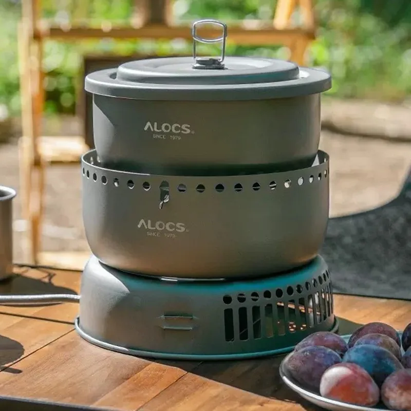 Outdoor Cooking Pot Set ALOCS CW-C05 Camping Portable Easy Storage Picnic Pot Alcohol Stove Blast Proof Stove Cover