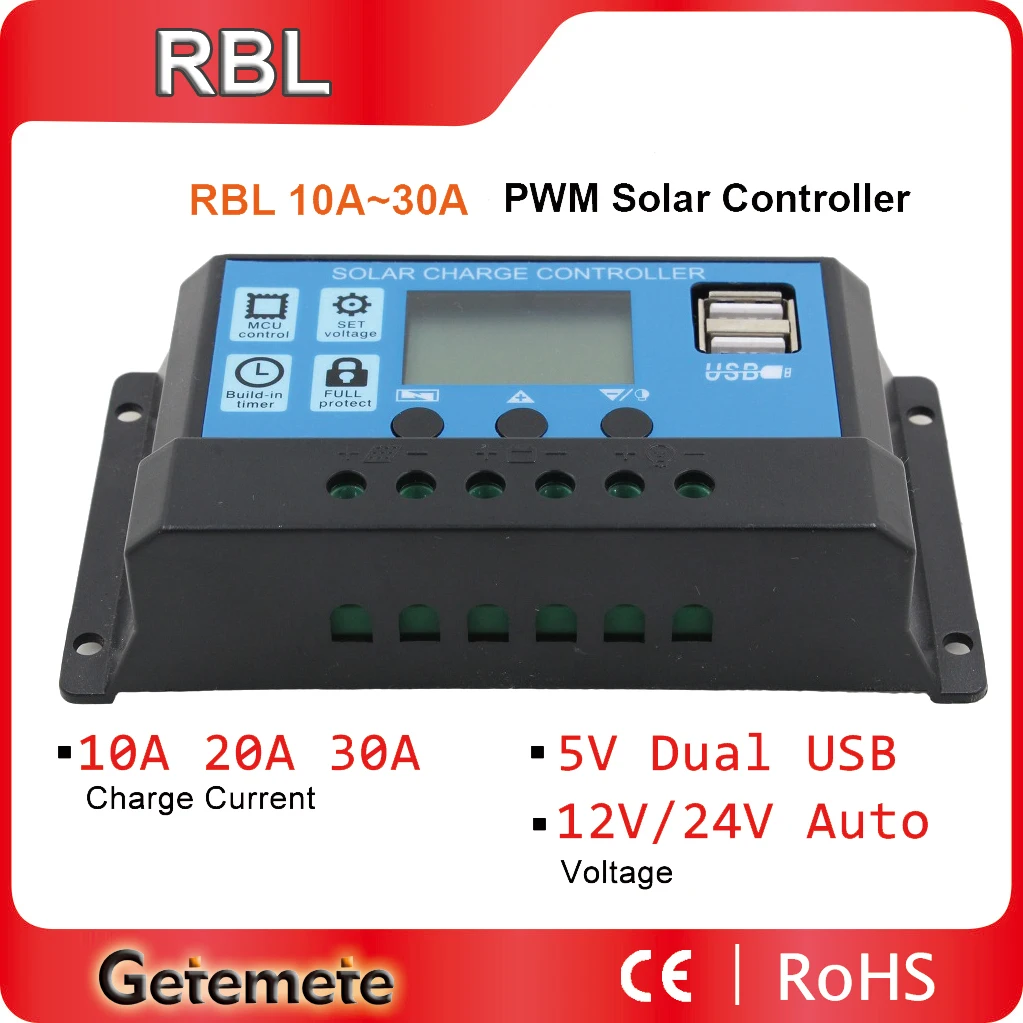 가정용 태양광 충전 및 방전 컨트롤러, 자동 LCD 디스플레이 태양광 조절기, 5V 듀얼 USB, GTMT PWM 10-30A, 12V, 24V