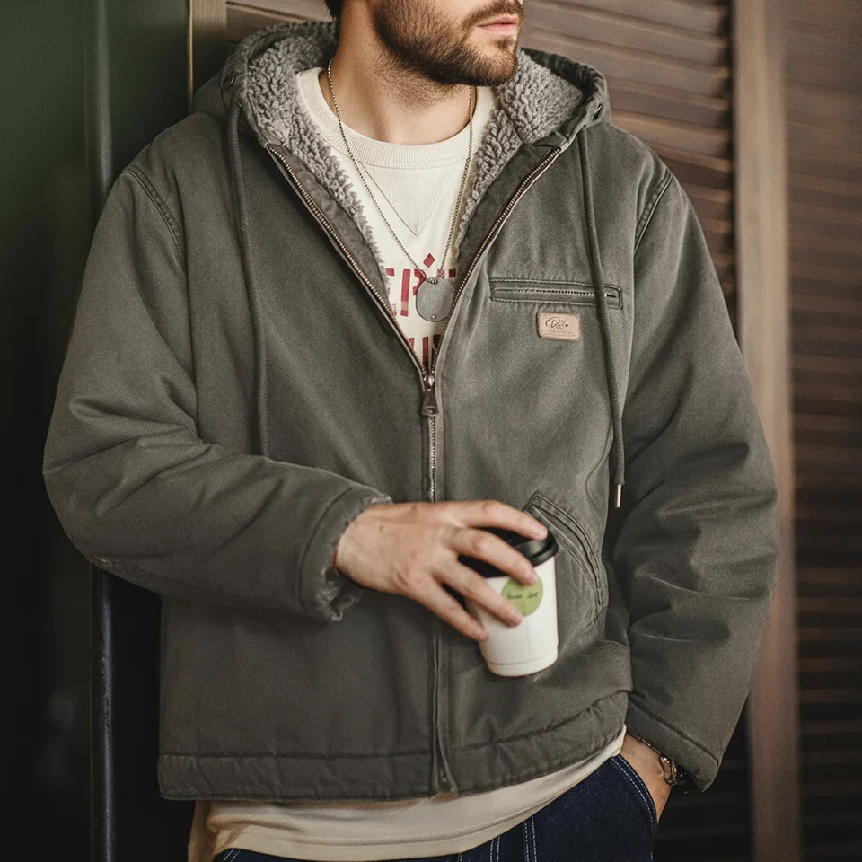 Maden Retro J141 Active Hooded Jacket Solid Color Sherpa Fleece