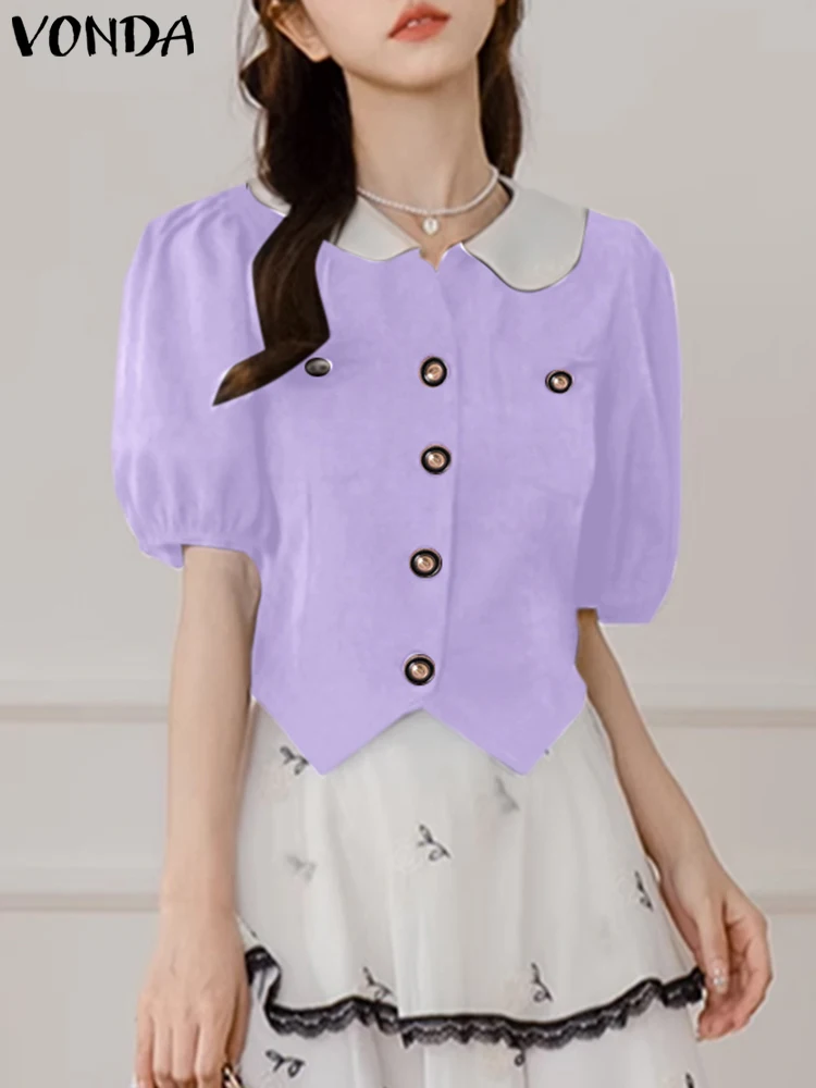 

Элегантные женские рубашки VONDA 2023 летние свободные топы с коротким рукавом воротник с лацканами Цветные Лоскутные повседневные блузы женские туника