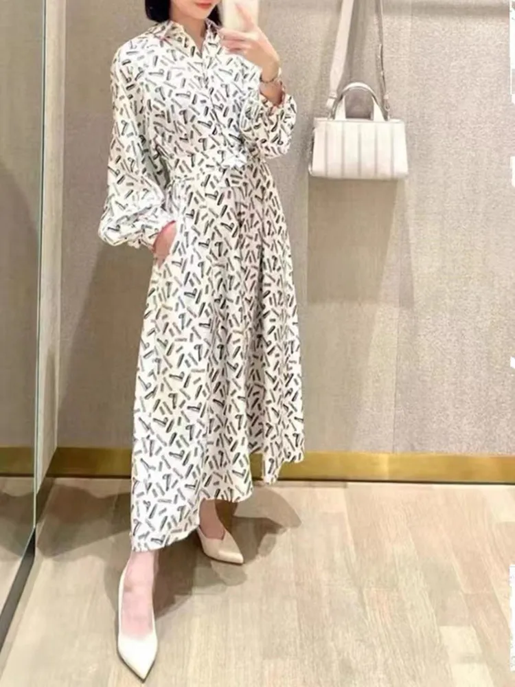 

2023 Autumn Lipstick Printed Women Twill Mid-Calf Dress 100% Silk Turn-Down Collar Lace-Up Long Sleeve Female Elegant Robe