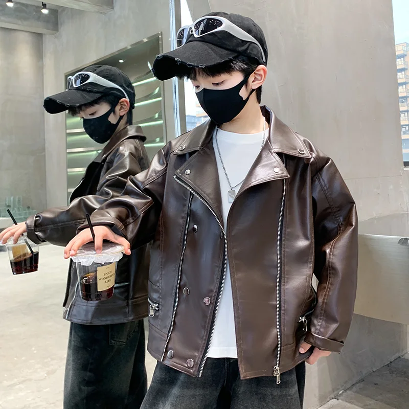 Elegant Children Leather Jacket For Teen Boys Korean Style Slim