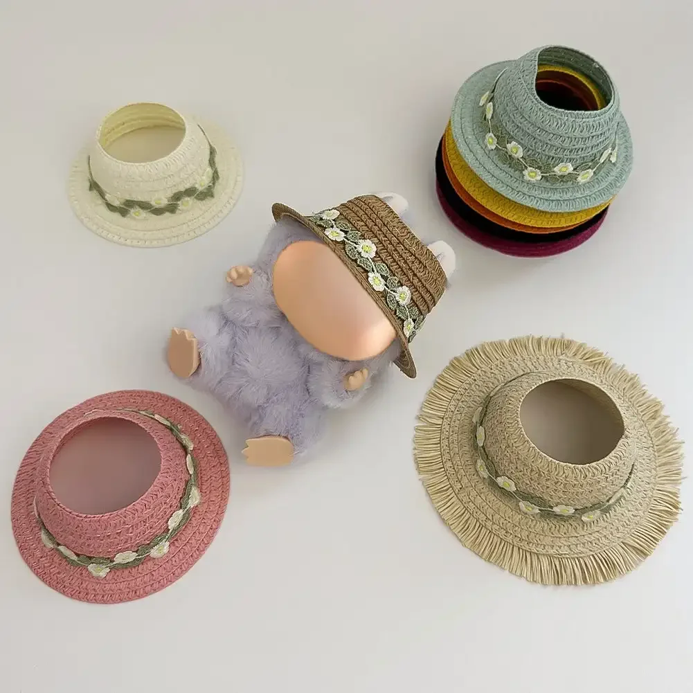 Clothes for Labubu Open-Top Straw Hat Flower Hat with Bow 1st 2nd 3rd Gen for 17cm Labubu Sitting Party Outfit Accessories 5