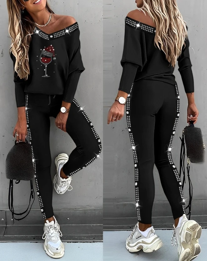 womens two piece sets outfit Christmas Rhinestone Wine Glass Pattern Top& Pants Set 2023 autumn winter spring new fashion casual