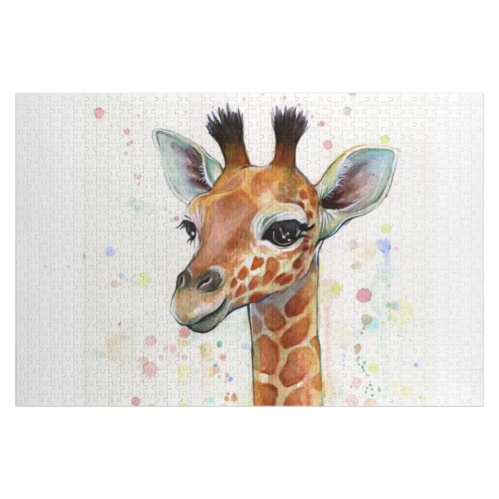 

Baby Giraffe Watercolor Painting, Nursery Art Jigsaw Puzzle Customized Gifts For Kids Wooden Boxes Puzzle