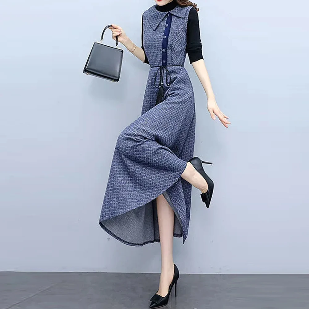 

FariyShely Sweater Blue Plaid Dress Vest Suit Women 2023 Winter Warm Kniit Woolen Dress Elegant Two PCS Dress Set