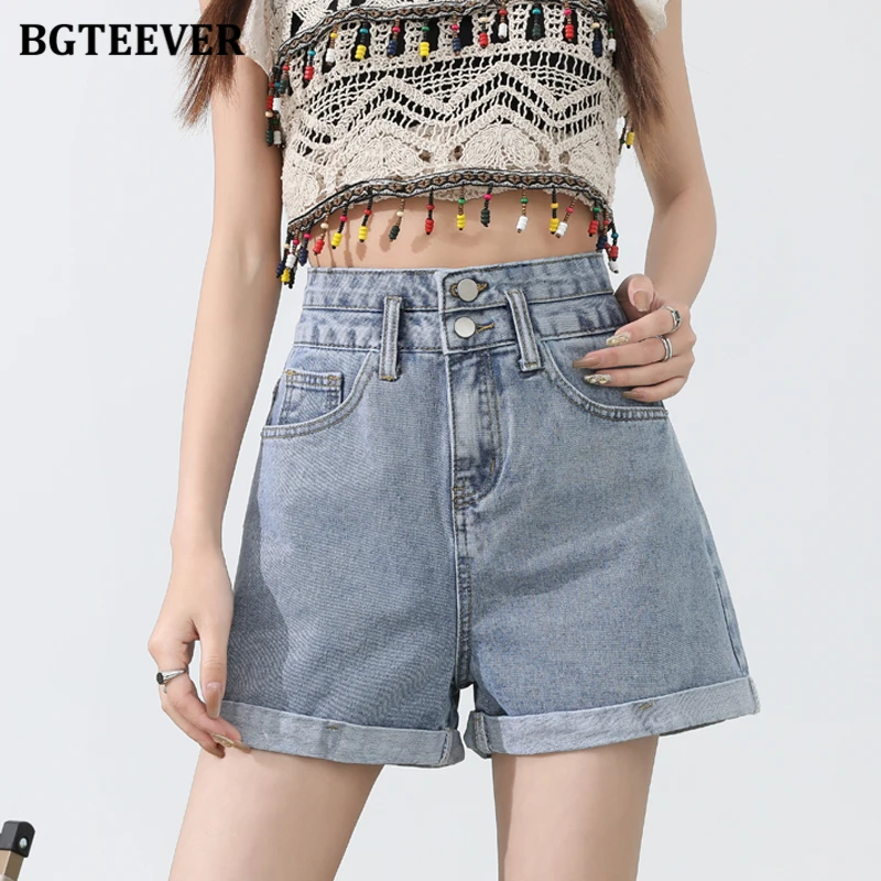 

BGTEEVER Stylish Loose Female Double Buttons Denim Shorts Summer High Waist Pockets Casual Ladies Solid Wide Leg Jeans Shorts