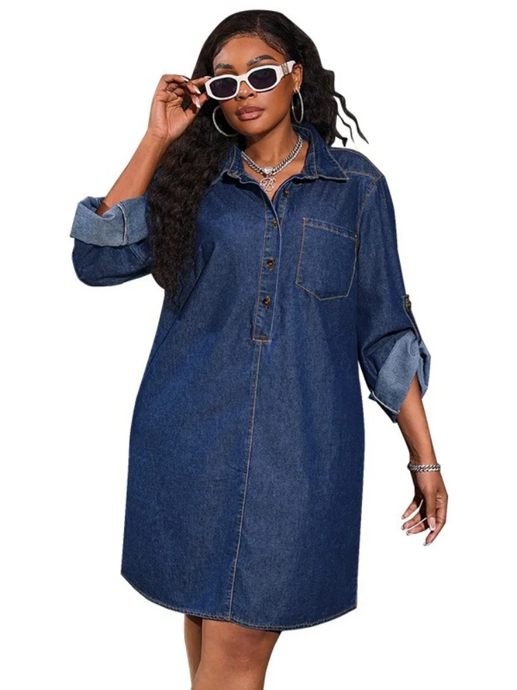 Wmstar Plus Size Denim Women Wholesale A New Loose Fitting Fashionable Long Sleeved Casual Dresse for 2025 Elegant Luxury