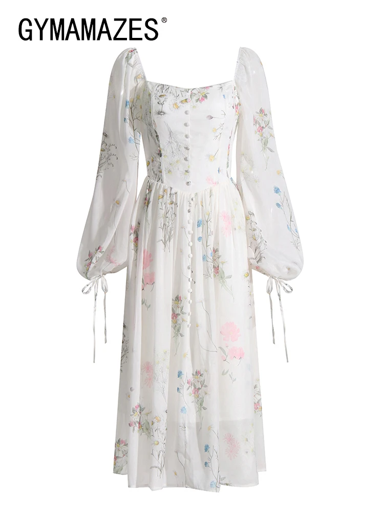 

GYMAMAZES Summer Print Dresses Women Square Collar Long Sleeve High Waist Spliced Lace Up Dress Female Clothing Style Fashion