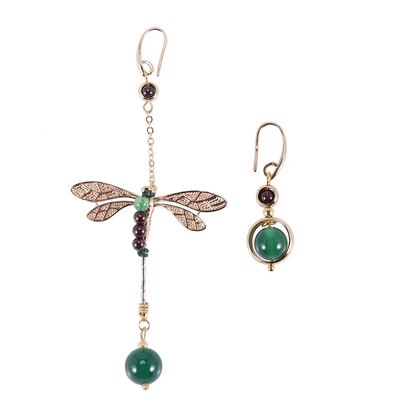 Ethnic Vintage Dragonfly Stone Bead Asymmetric Dangle Earrings Fashion Jewelry Drop Hook Earrings For Women Gift