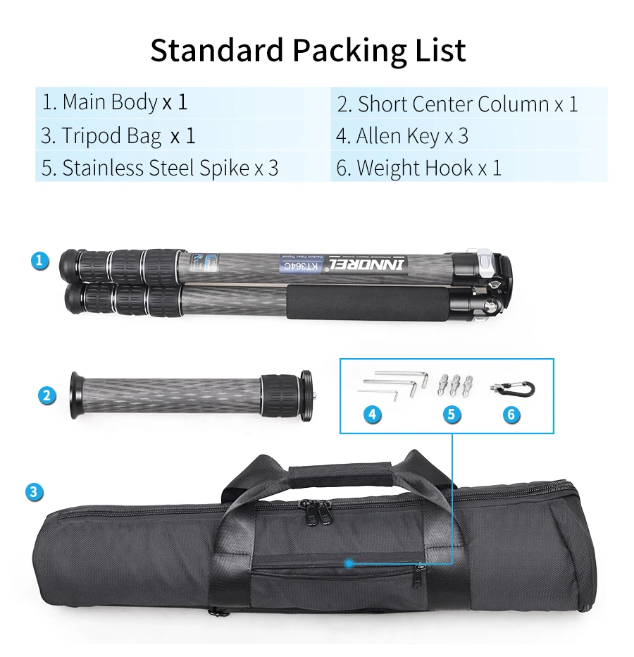 KT364C Professional Carbon Fiber Tripod for DSLR Camera Heavy Duty 36mm 10 Layer