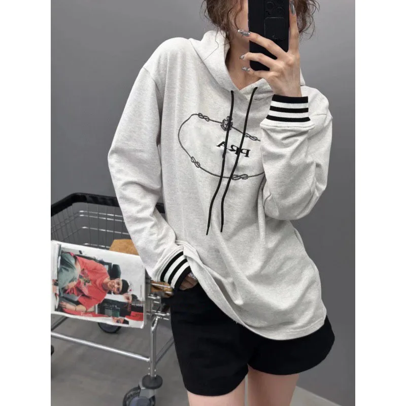 

Women's Hoodie Early Autumn New Product Grey White Embroidery Letter Contrast Thread Cotton Terry Sweater Hooded Sweater Fashion