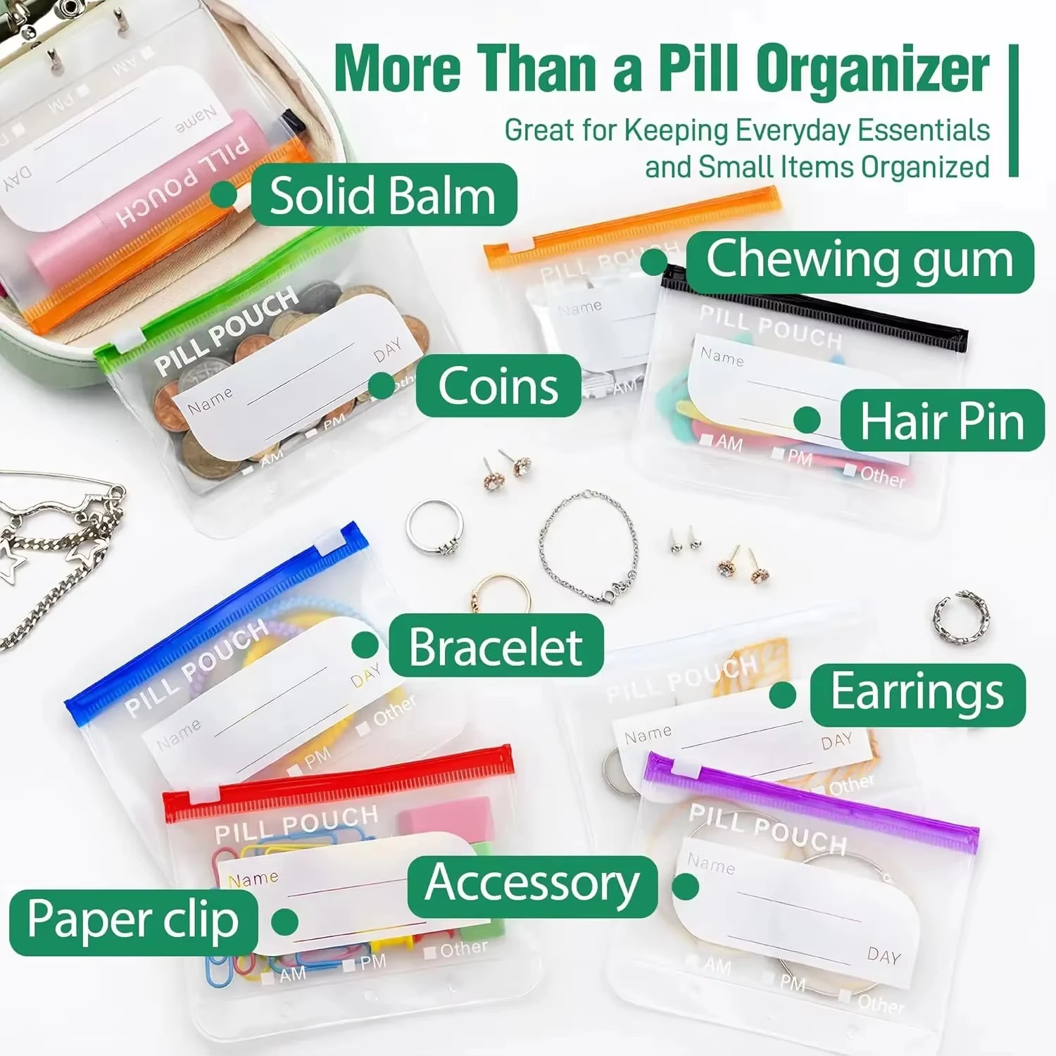 Waterproof Portable Pill Organizer Set with Color-Coded Pouches for Medicine and Jewelry Storage