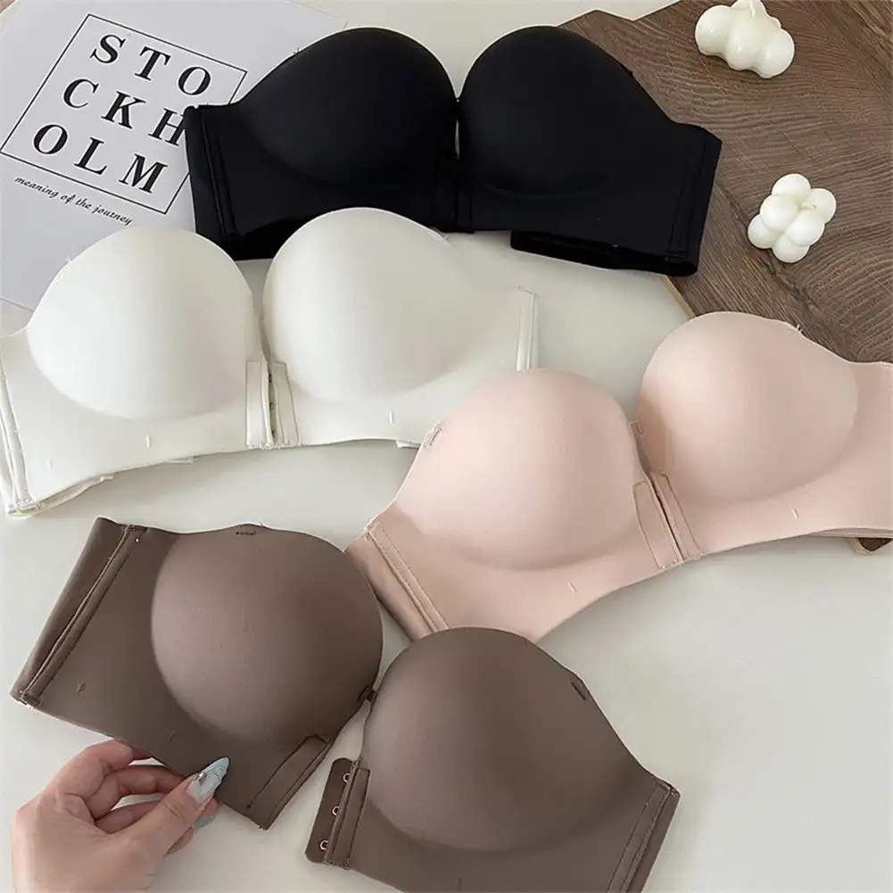 A Cup Small Breast Special Thickening Show Large Front Buckle Type Gathered Bra Bra Strapless Non-slip Back Underwear Female 1