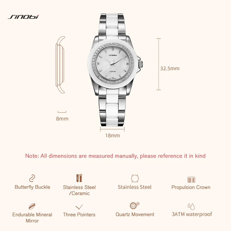 SINOBI High-quality Ceramic Woman's Watch Original Design Diamond Ladies Quartz Wristwatches Fashion Top Luxury Women's Clcok