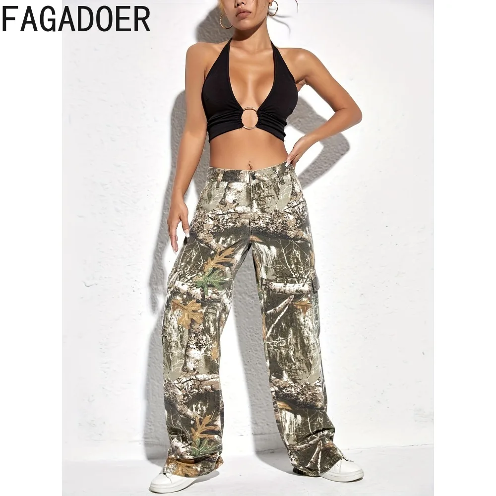 FAGADOER Fashion Printing Straight Denim Pants Women High Waisted Loose Jean Trousers Autumn Casual Matching Cowboy Bottoms 2023
