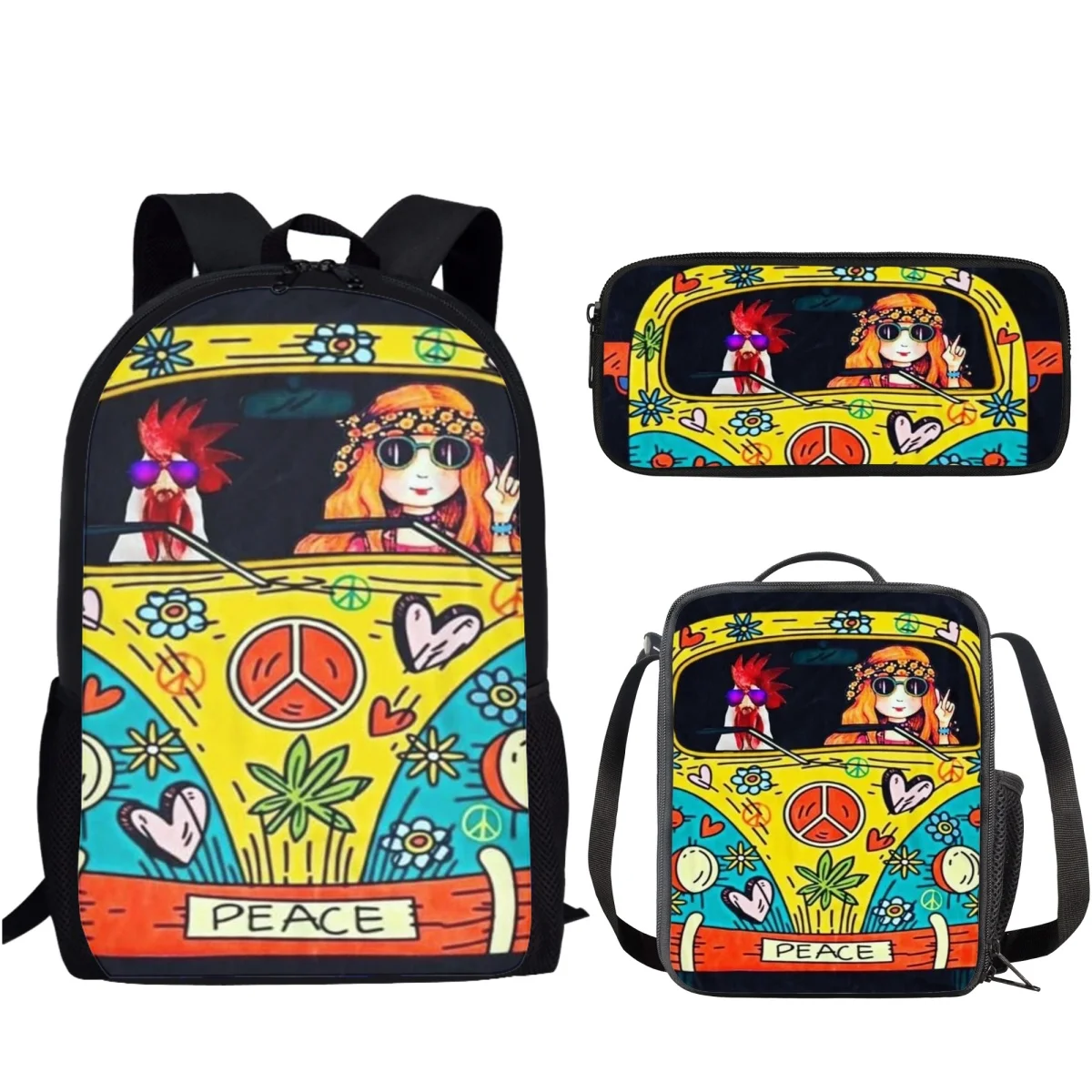 Women Large Capacity Backpacks 3Pcs School Bus Pattern Large Capacity School Bag and Meal Bag Pen Box Set Student School Bags