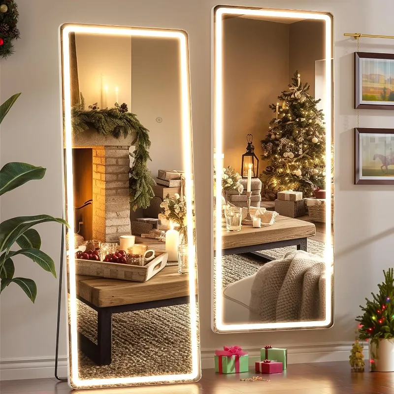 

LED Full Length Mirror, 64" x 21" Lighted Floor Standing LED Mirror Full Length, Wall Mounted Hanging Mirror with Stand Free