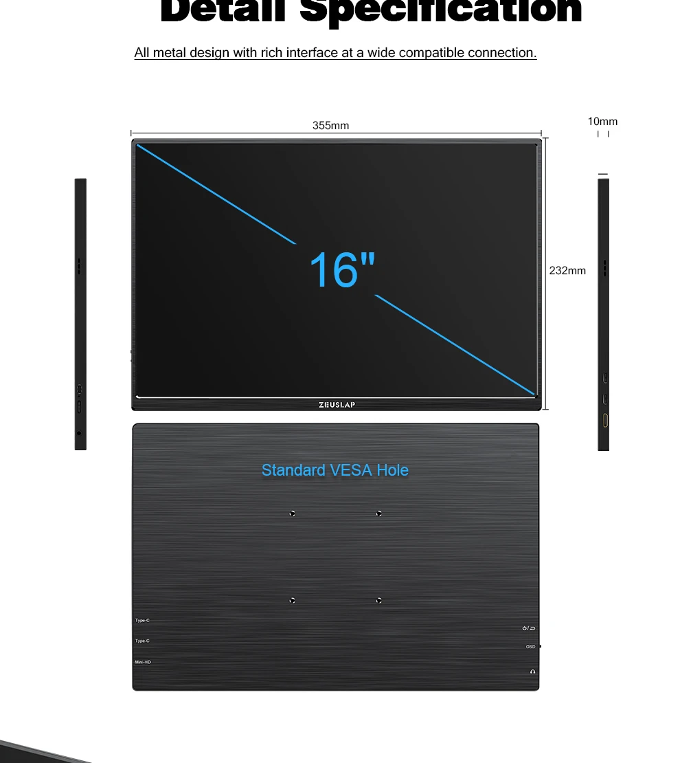 ZEUSLAP 16" 2,5K 144 Hz Tragbarer Monitor 2560*1600 16:10 100 % sRGB 500Cd/m² Reise-Gaming-Display für Laptop Switch PS4 Ps5 Xbox