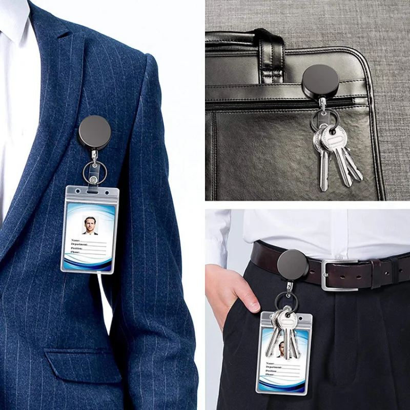 

1pc Heavy Duty Retractable Badge Holder Reel, Square Metal ID Badge Holder with Belt Clip Key Ring for Name Card Keychain