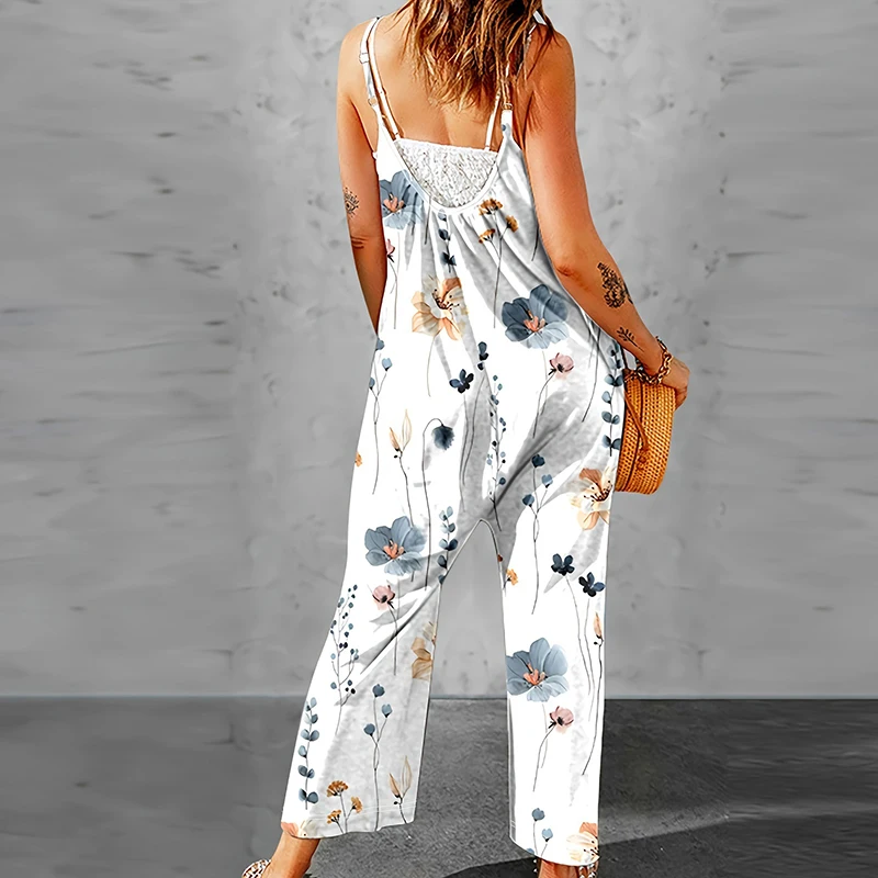 2024 Spring Summer Sexy Suspender Romper Casual Printed Patchwork Sleeveless Women Playsuit Fashion V-neck Pocket Beach Jumpsuit