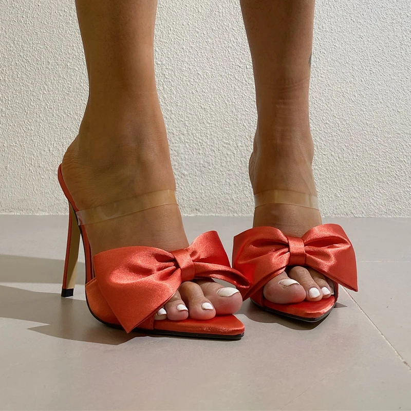 Pointed Peep Toe Silk Bow Solid Color Women's Slippers Summer Stiletto High Heels Transparent Strap Hollow Slides Slip On Pumps