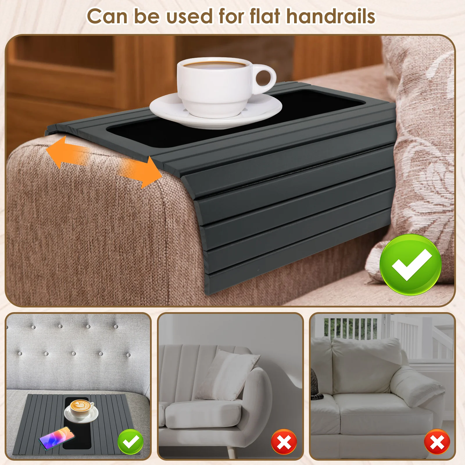Wood Sofa Arm Tray Folding Design Sturdy Robust Convenient Storage Home storage tray wooden serving tray bamboo organizer tray sofa tray table drink tray