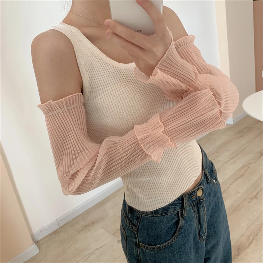 Women\'s Sun Protection Sleeve Cover Long Pleated Breathable Arm Warmer Lace Mesh UV Protection Cover Summer Ice Silk Sleeves