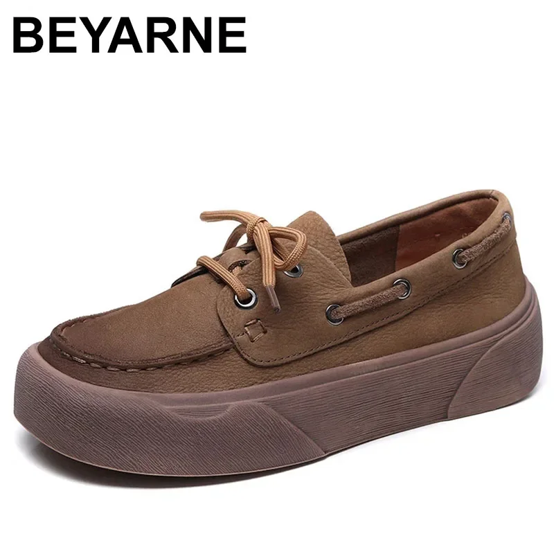 

Sneakers Women Genuine Cow Leather Flats Round Toe Lace-Up Spring Autumn Lady Casual Flat Shoes Handmade Women Shoes