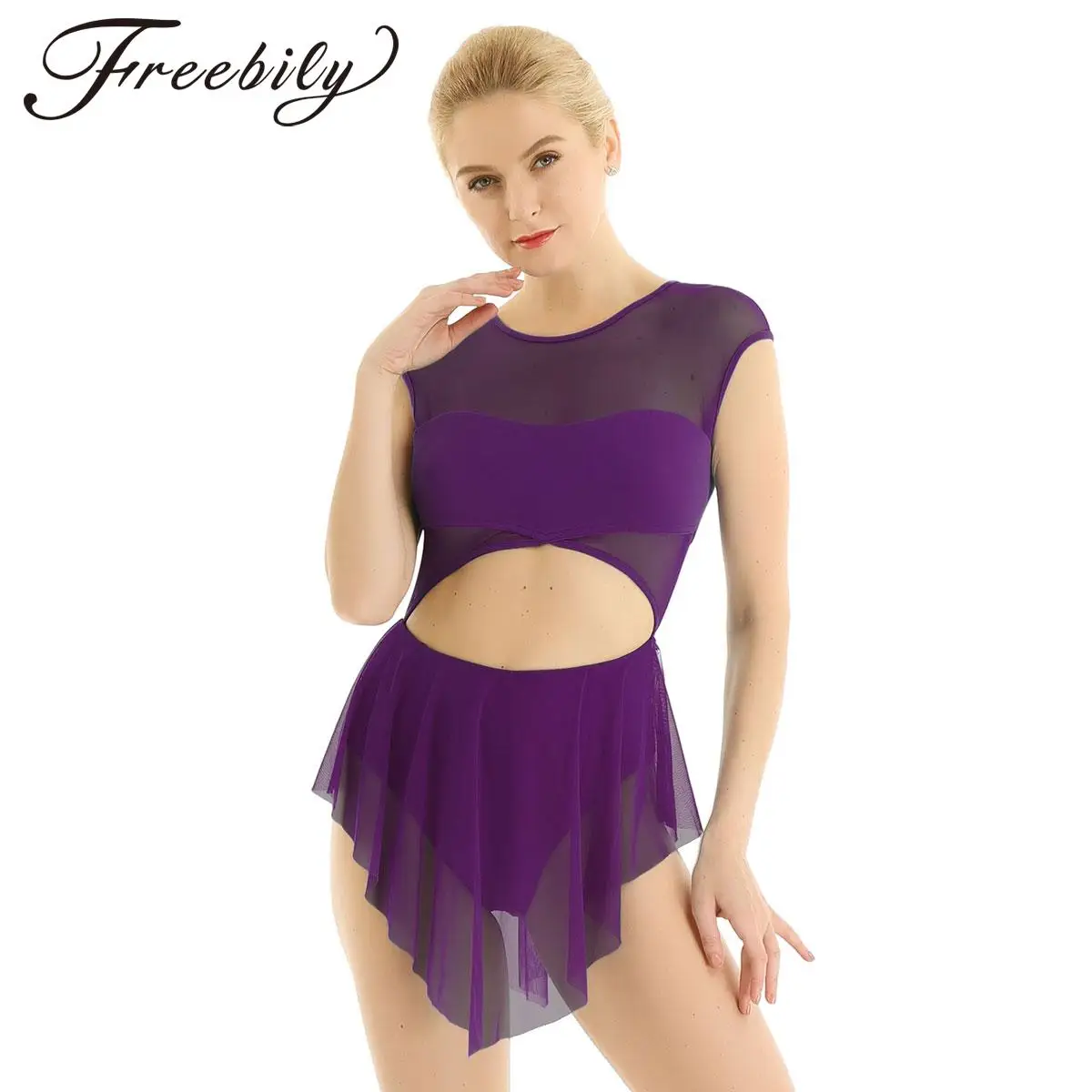 

Women Mesh Ballet Dance Dress Gymnastics Leotard Cutout Dancewear Stage Performance Competition Lyrical Dance Costumes