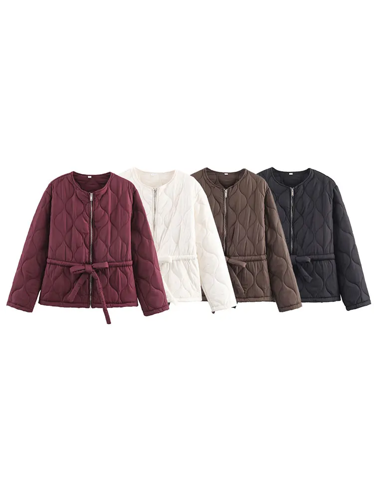 HH Women Casual Solid Quilted Zipper Coat Long Sleeve O Neck Belts Jacket For Woman Commuting Autumn Winter Warm Outwear