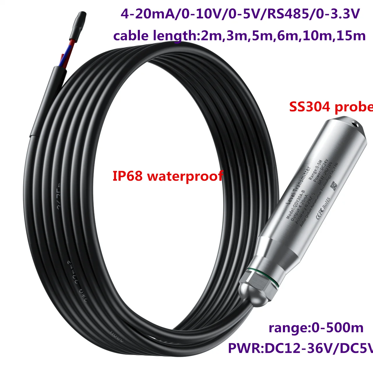 2m 3m 5m 6m 10m 15m Hydrostatic Liquid Level Transmitter for Tank Water RS485 4-20mA 0-3.3V Liquid Level Sensor DC24V Transducer