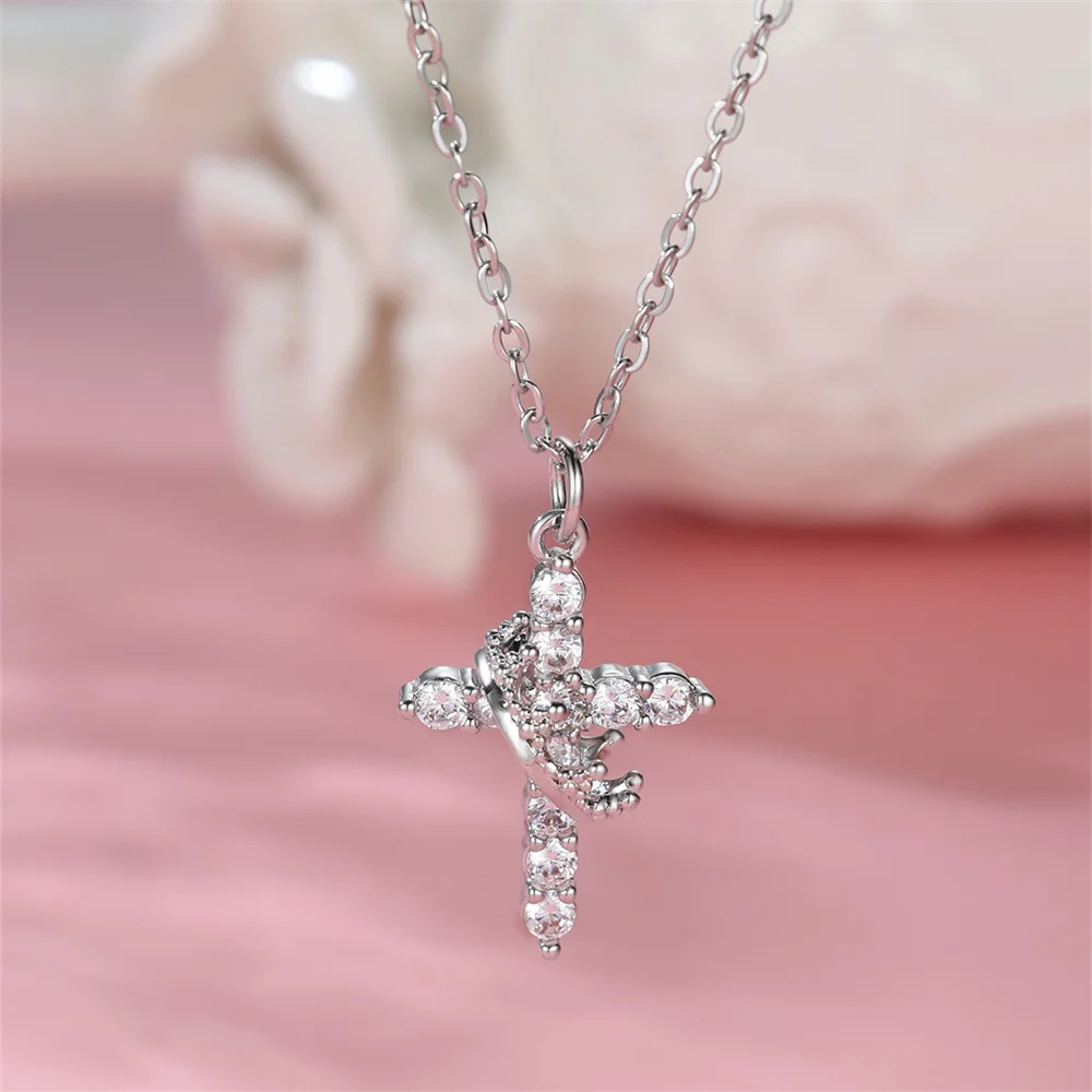 White Zircon Classic Cross Crown Pendant Necklaces For Women Vintage Gold Silver Color Chain Wedding Jewelry Mother's Day Gifts