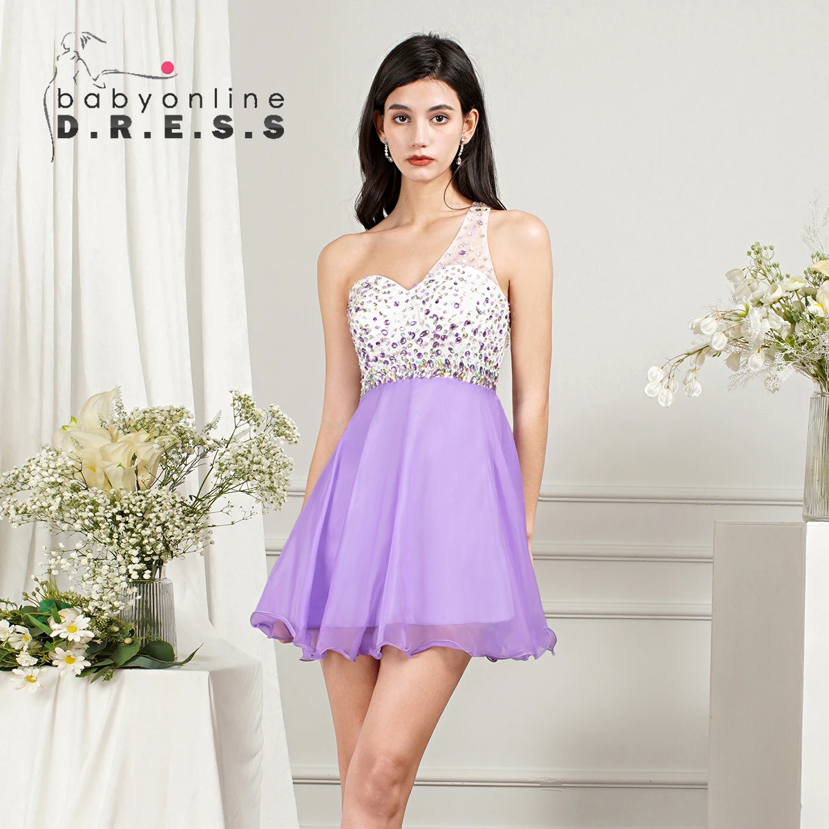 산호 얇은 명주 그물 구슬 졸업원피스 – 원 숄더 스트랩리스, 원석 아플리케, A 라인 스커트