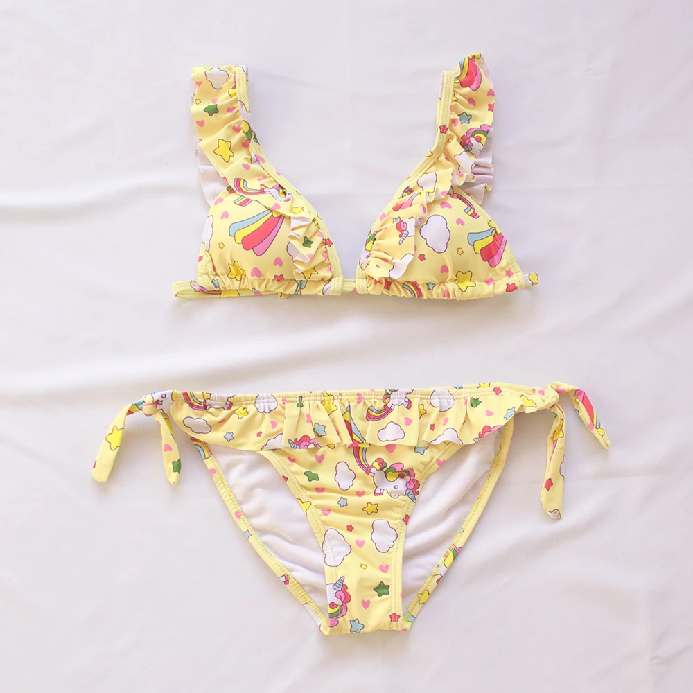Unicorn Print Girls Bikini Set Teenager Swimwear Ruffle Bandage Style Three Color Beach Wear With Padded