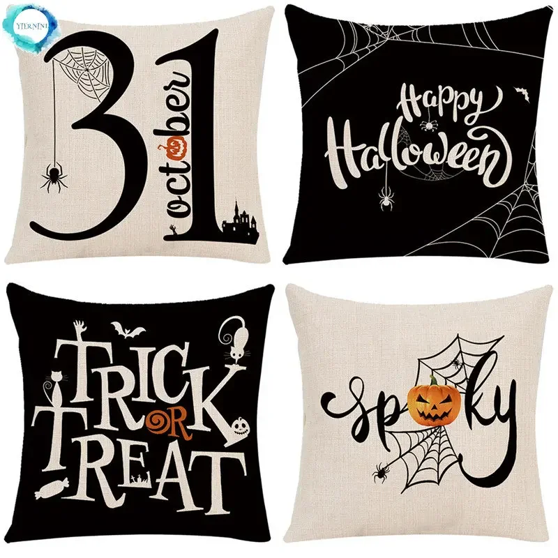 

Happy Halloween Pumpkin Linen Cushion Cover Trick or Treat Farmhouse Home Decorative Pillowcase Bed Sofa Pillow Covers