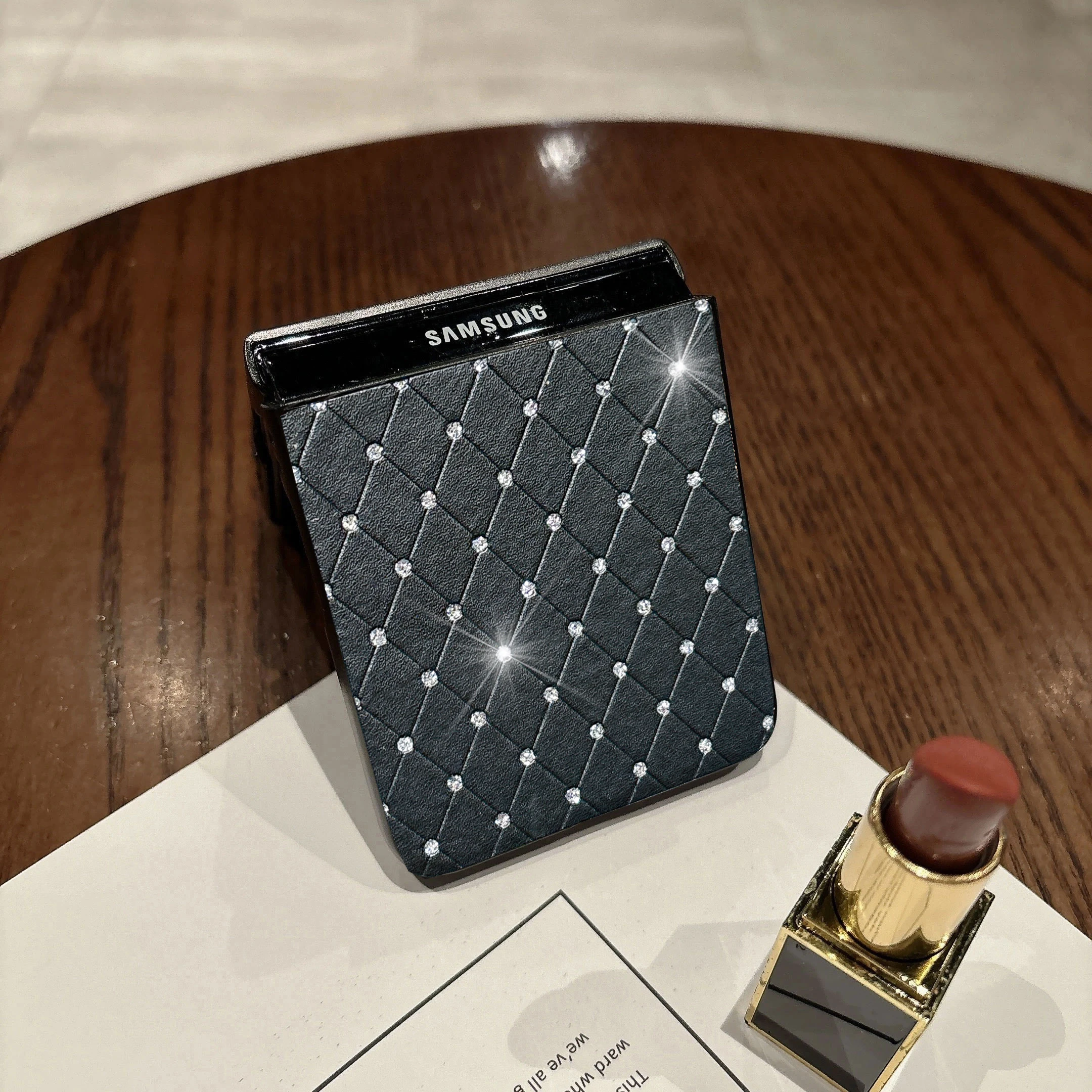 Rhombus Grid Pattern Leather Phone Case with Faux Diamond Ring Buckle