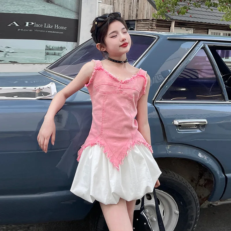 여아 데님 홀터넥 탑 캐주얼 단색 트렌디 여름 2025 신상 스윗 단색 올매치 데님 베스트