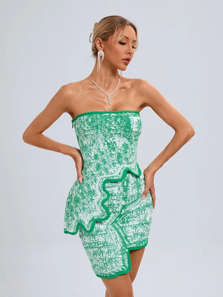 

Summer Sexy Asymmetric Strapless Top+ Mini Skirts Two Piece Set Women Green Printed Sleeveless Bandage Suits Elegant Party Club
