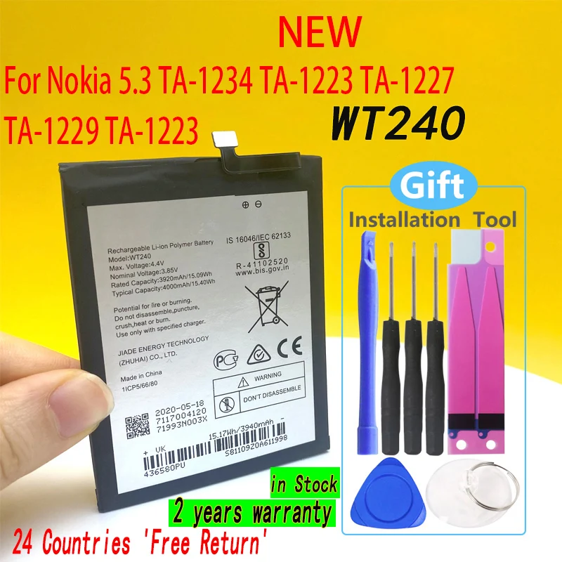 

Новый аккумулятор WT240 4000 мАч для Nokia 3,2 подходит для TA-1156 TA-1159 TA-1164 с инструментами и номером отслеживания